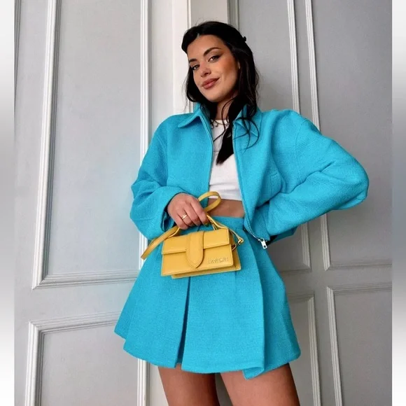 Zara NWT tweed  blue mini pleated skort / skirt with built in hidden shorts - Picture 3 of 12